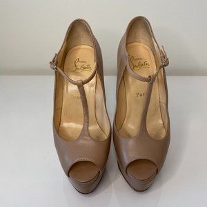 Christian Louboutin Nude Altapoppins Leather T-Strap Peep-Toe Heels - Size 36.5